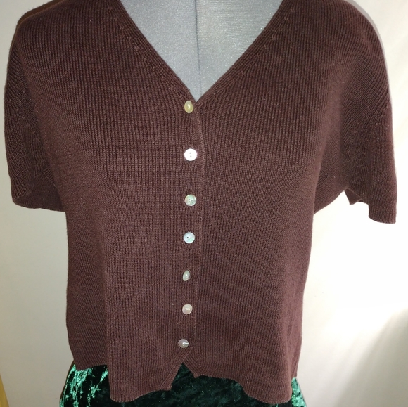 Vintage Brown Short Sleeved Cardigan Sweater, Vintage Button Up Cardigan Sweater - Picture 9 of 13